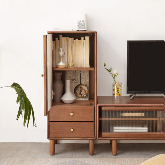 Free-Standing Corner Cabinets Storage Table With Vintage Glass Door, 2 Shelves, 2 Drawers And Brass Handle - Walnut