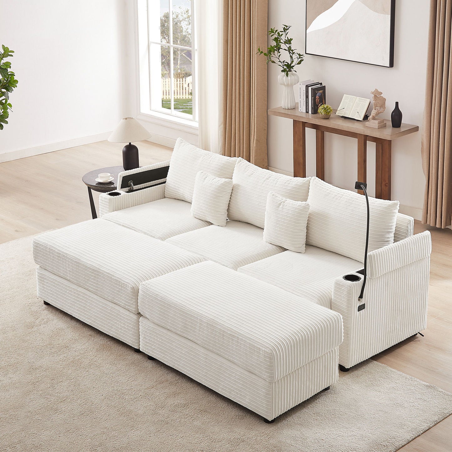 Modern Style Loveseat Sofa Sectional Sofa Couch With Storage Space, A Movable Ottoman, Two USB Ports, Two Cup Holders, A Phone Holder For Living Room