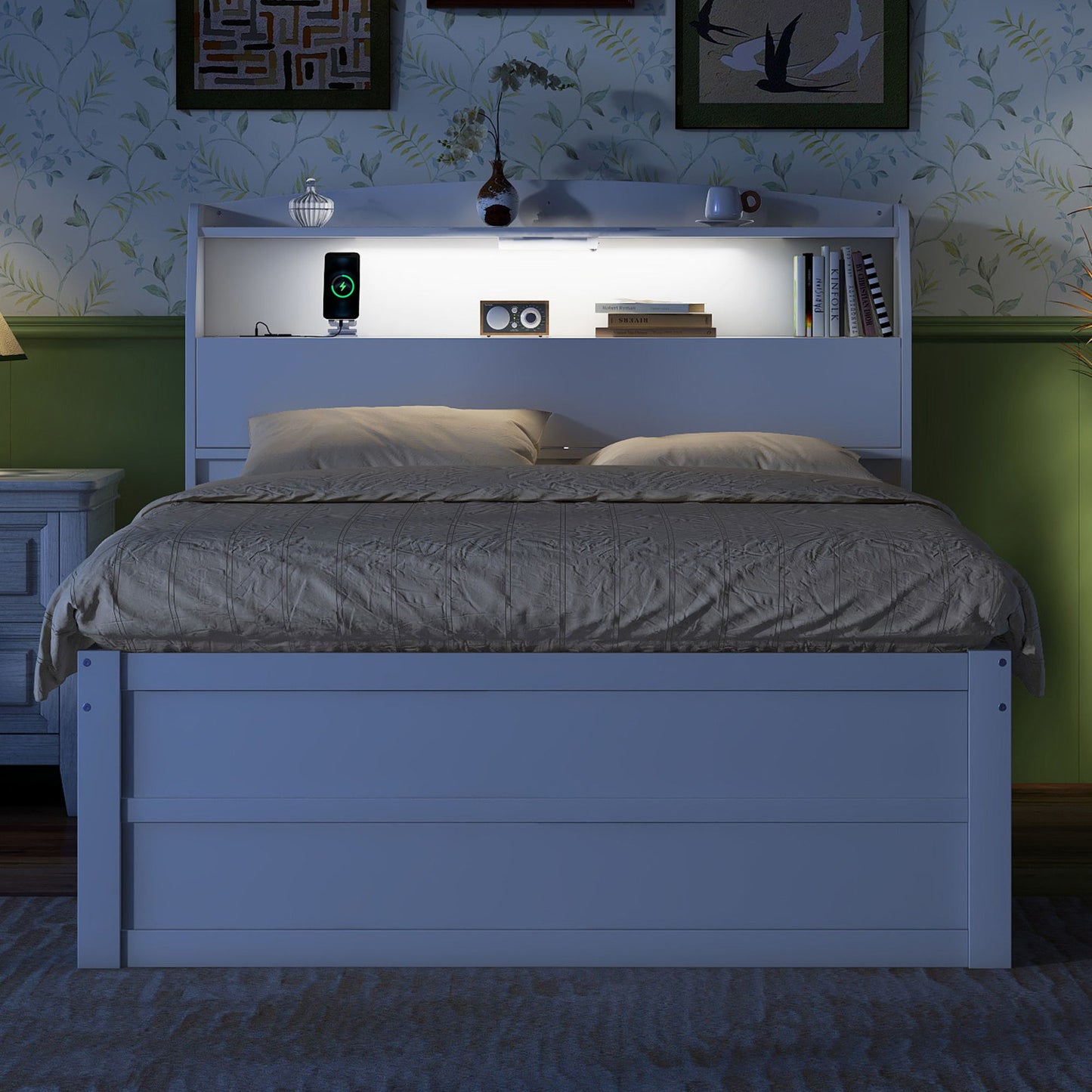 Wooden LED Platform Bed With Trundle, With Storage Headboard, With Drawers