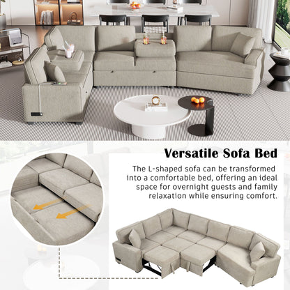 L-Shaped Sofa Sectional Sofa Couch Pull-Out Sofa Bed With Charging Devices And Cup Holders For Living Room