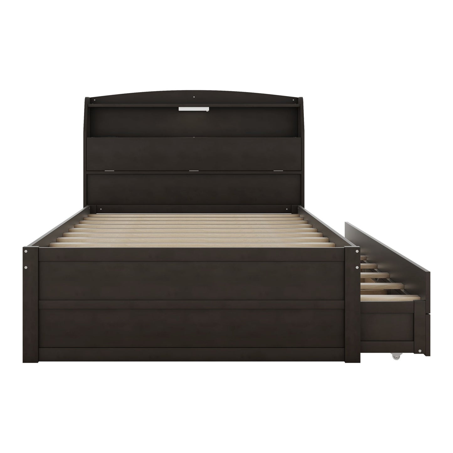 Wooden LED Platform Bed With Trundle, With Storage Headboard, With Drawers