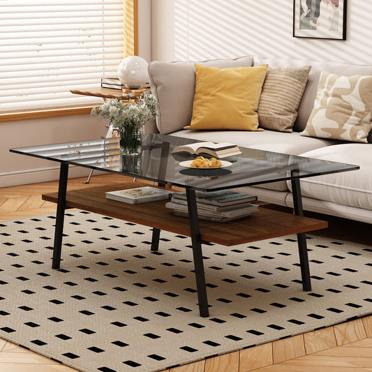 Rectangle Coffee Table, Tempered Glass Tabletop With Metal Legs