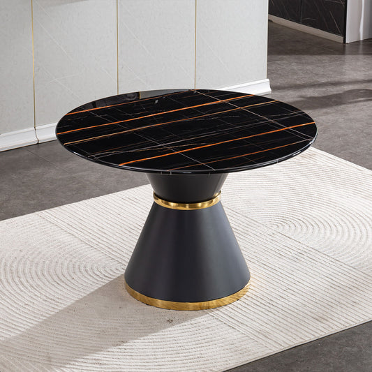 Marble Printed MDF Round Dining Table With Gold Annulus (Not Including Chairs) - Black