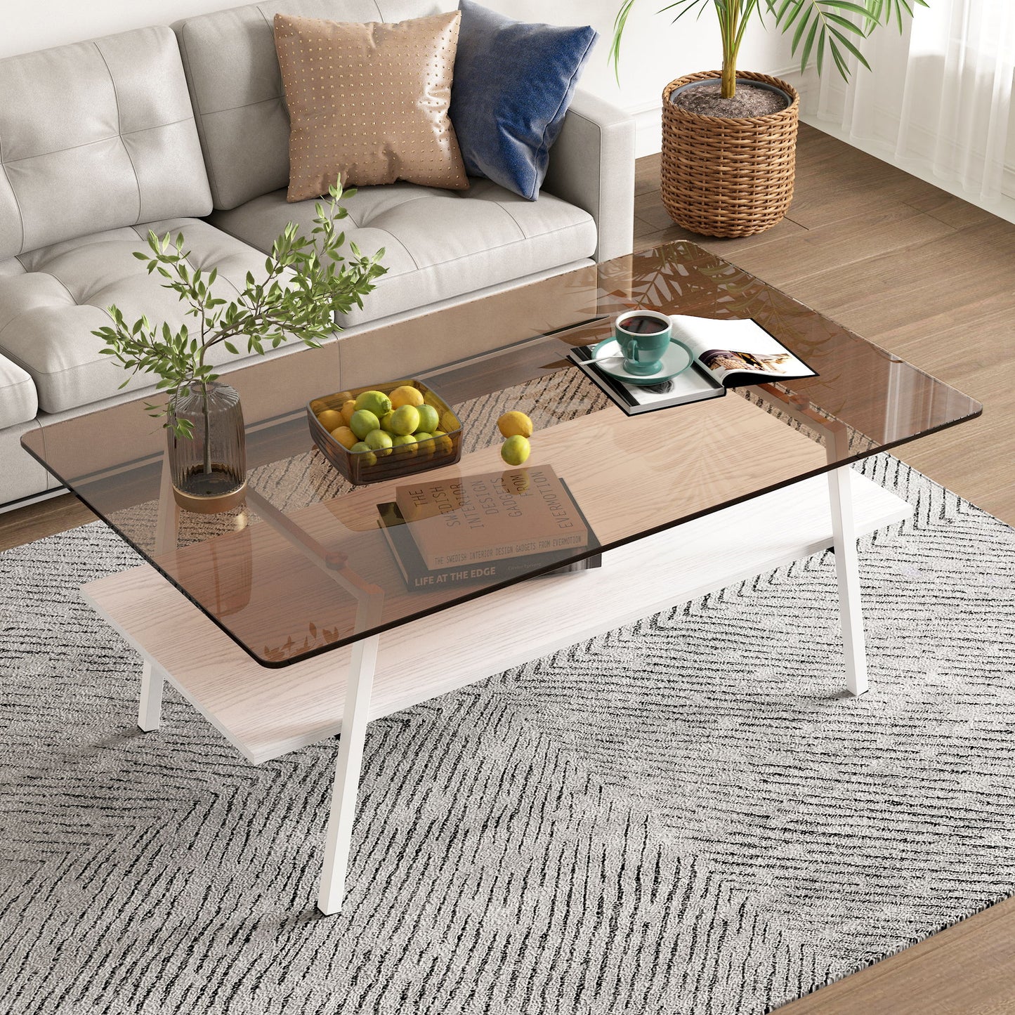 Rectangle Coffee Table, Tempered Glass Tabletop Modern Table For Living Room