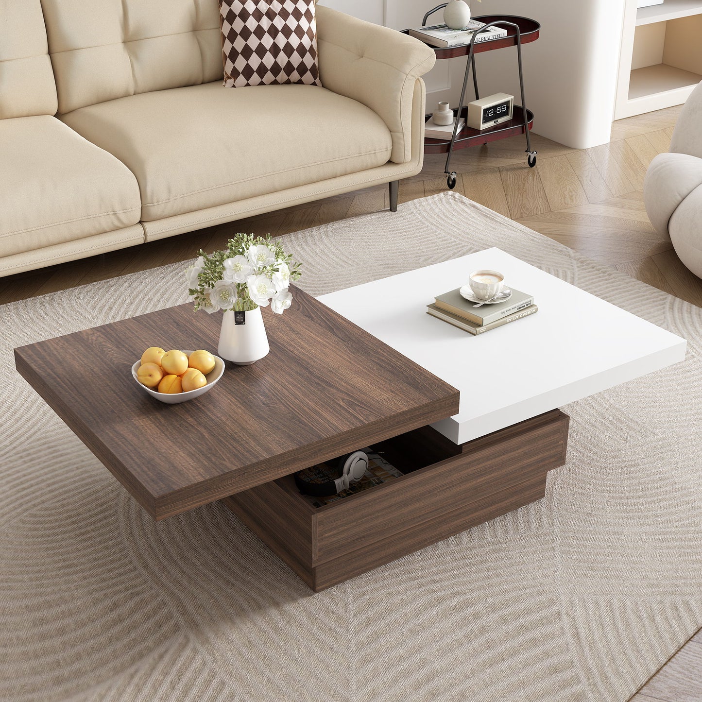 Rotatable Top Coffee Table, Modern Square Coffee Table With Wood Grain Design, 1 Hidden Storage Space For Living Room