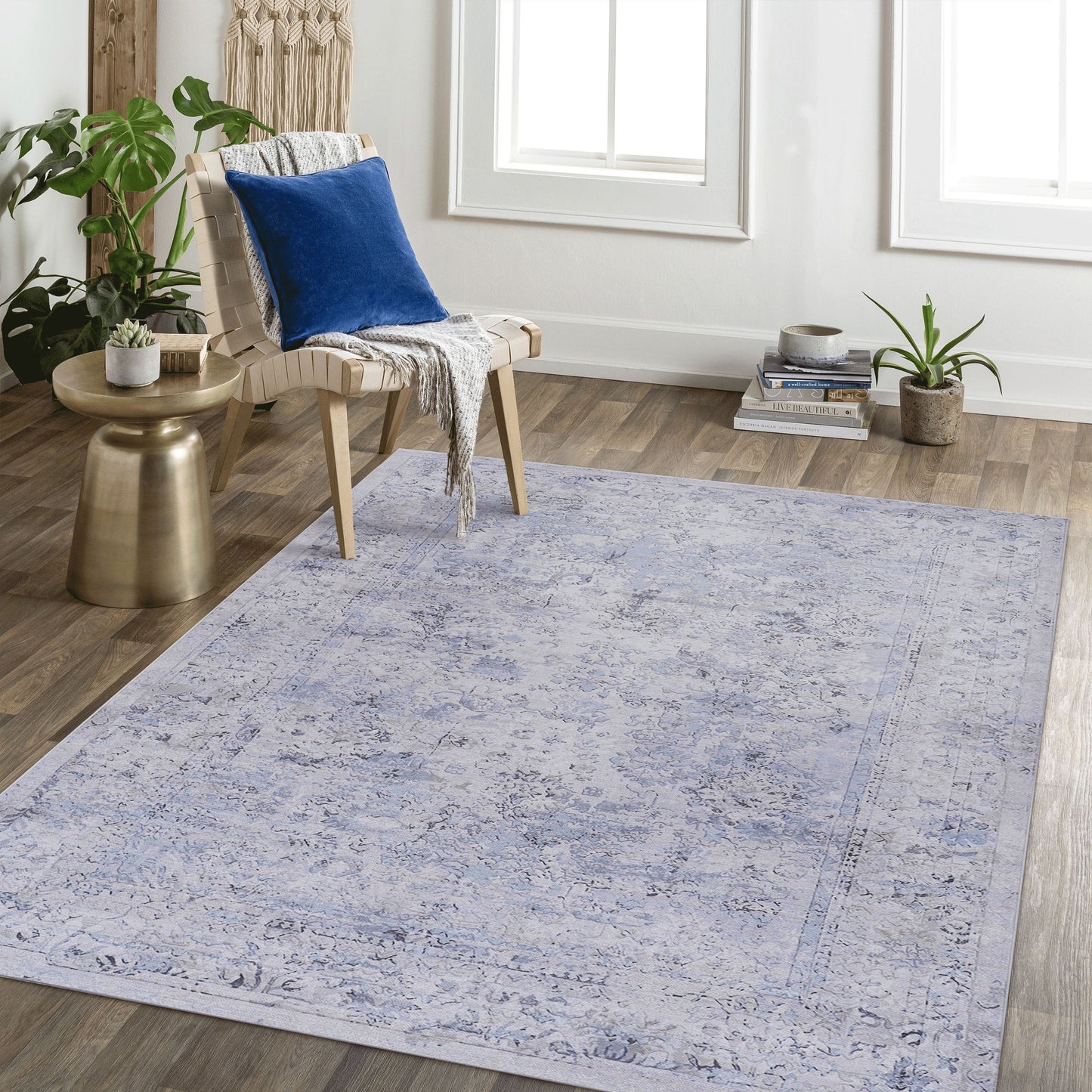 3' x 5' Area Rug, Washable, Low-Pile, Non-Slip, Non-Shedding, Foldable, Kid & Pet Friendly - Blue / Cream