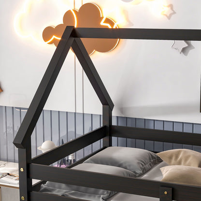 Twin Over Twin Loft Bed With Roof Design, Safety Guardrail, Ladder