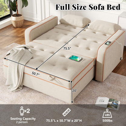 Upholstered Sleeper Bed, Pull Out Sofa Bed Couch Attached Two Throw Pillows, Dual USB Charging Port And Adjustable Backrest For Living Room Space