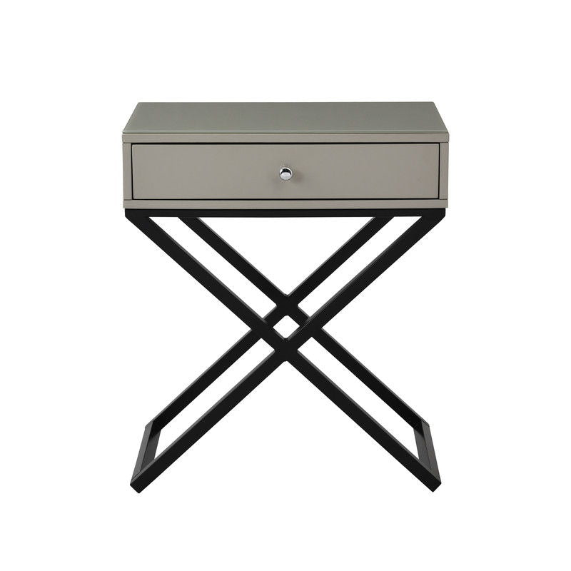 Koda - Wooden End Side Table Nightstand With Glass Top, Drawer And Metal Cross Base