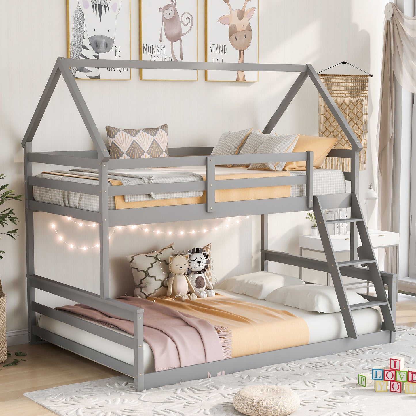 Twin Over Full House Bunk Bed With Built-In Ladder