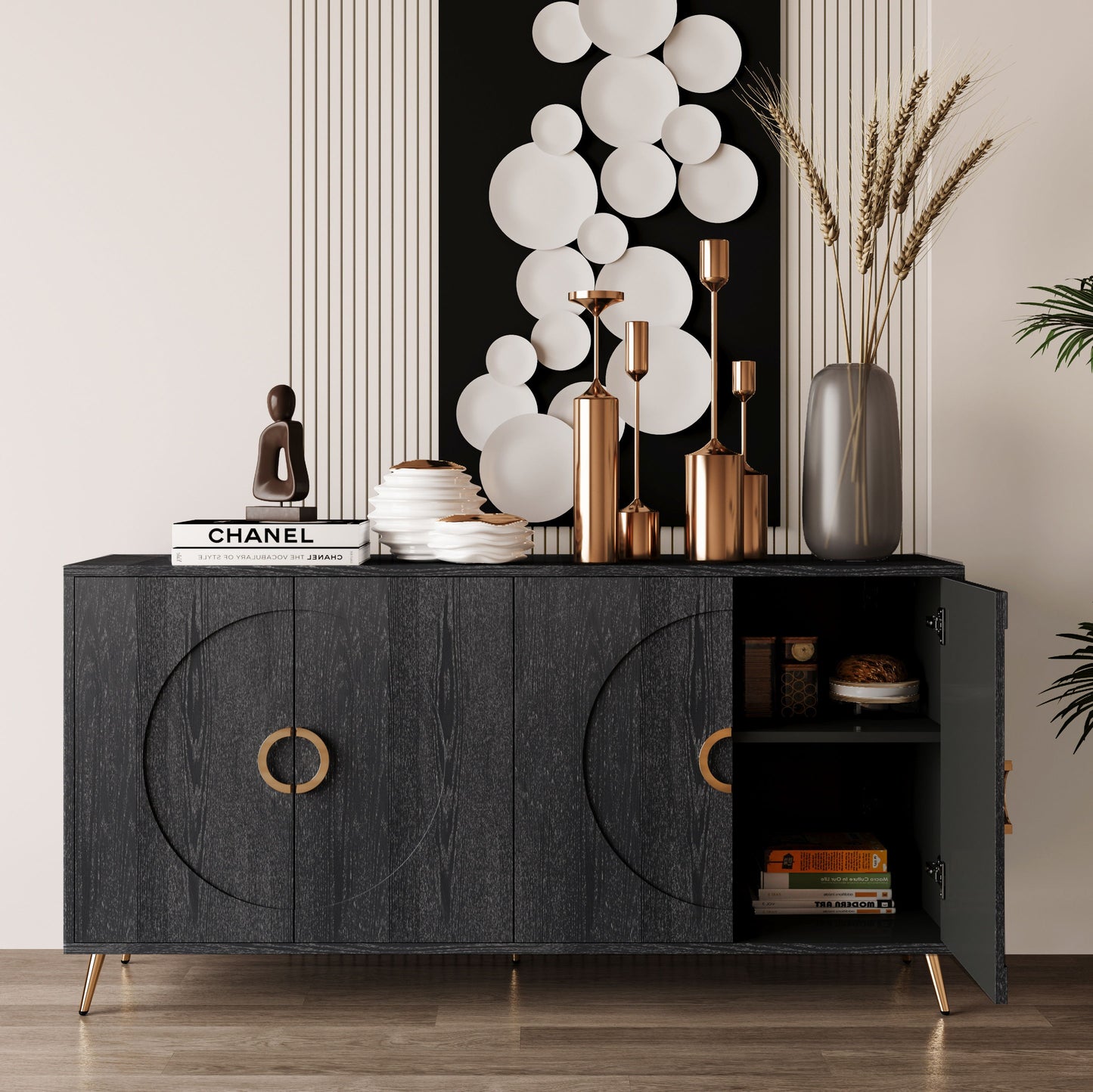 Modern Lacquered 4 Door Wooden Cabinet Sideboard Buffet Server Cabinet Storage Cabinet, For Living Room, Entryway, Hallway, Office, Kitchen And Dining Room