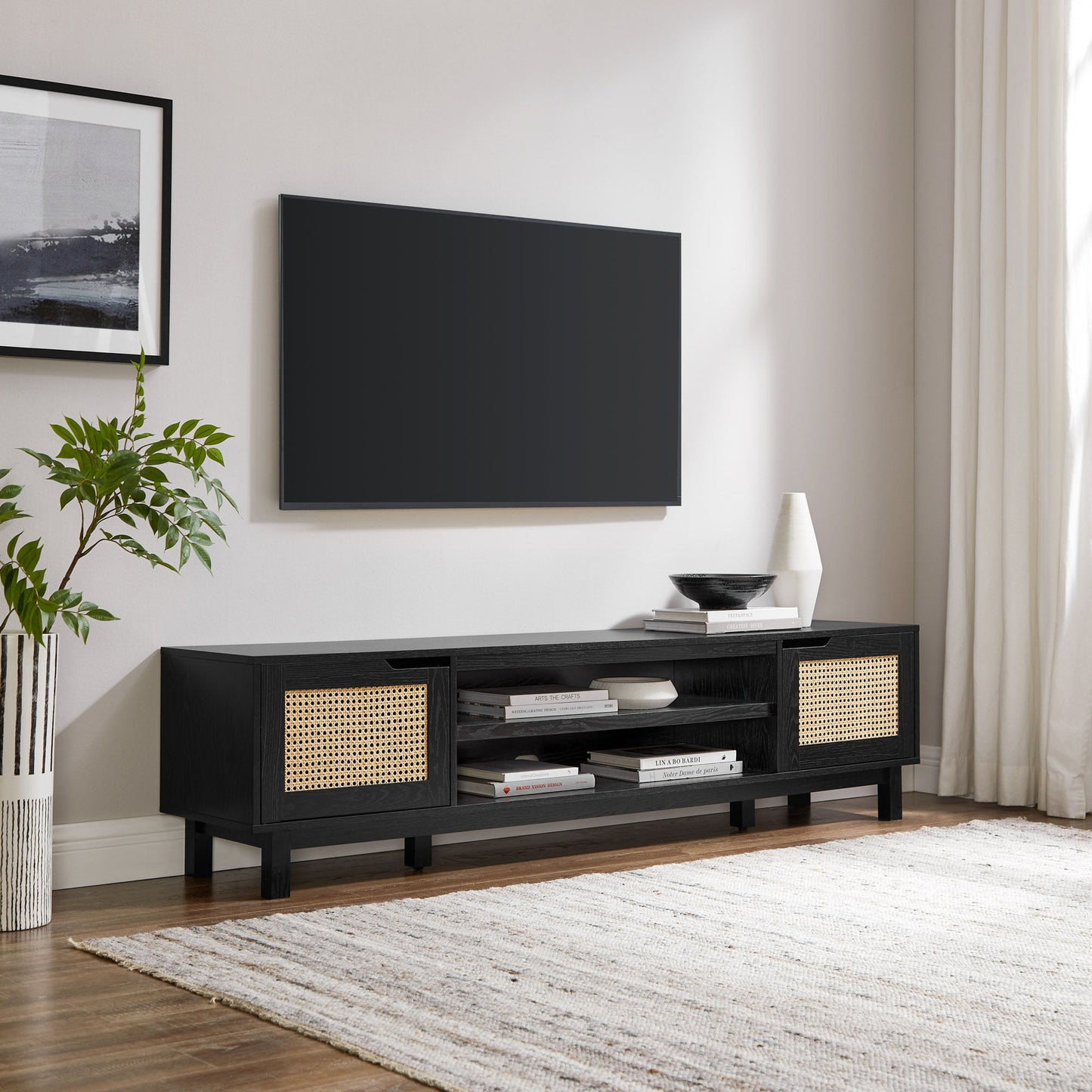 Modern Rattan Door Low TV Stand For TVs Up To 80" - Black