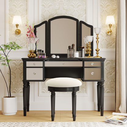 Dressing Table Set With Mirrored Drawers And Stool, Tri-Fold Mirror, Makeup Vanity Set For Bedroom