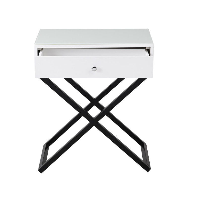 Koda - Wooden End Side Table Nightstand With Glass Top, Drawer And Metal Cross Base