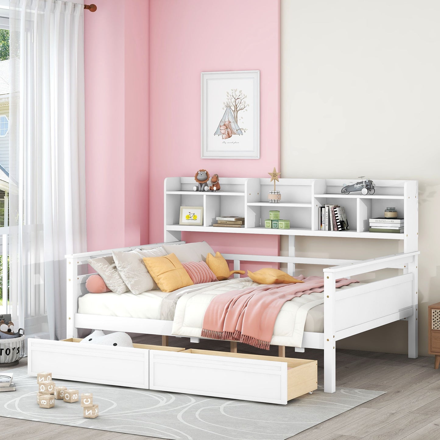 Daybed, Wood Slat Support, With Bedside Shelf And Two Drawers