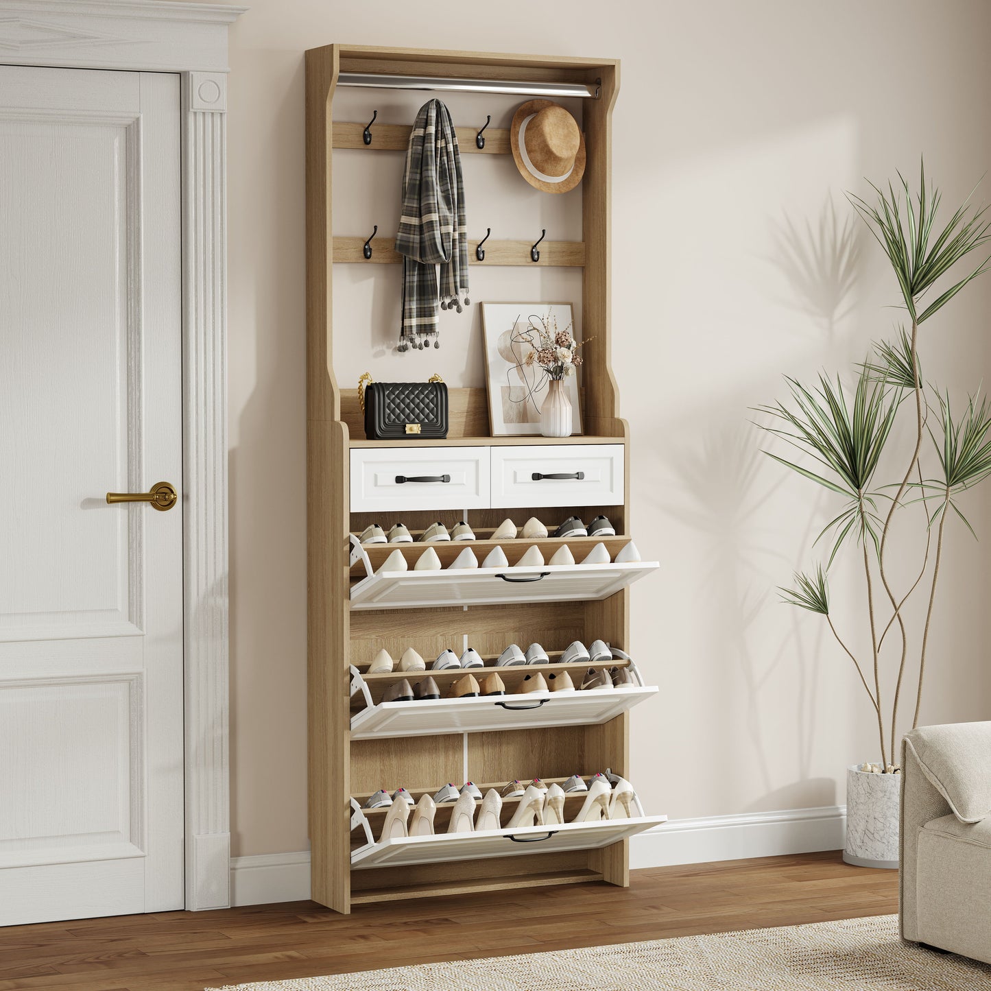 Shoe Cabinet With 3 Doors 2 Drawers With Hanger, Door With Shape, Large Space For Storage