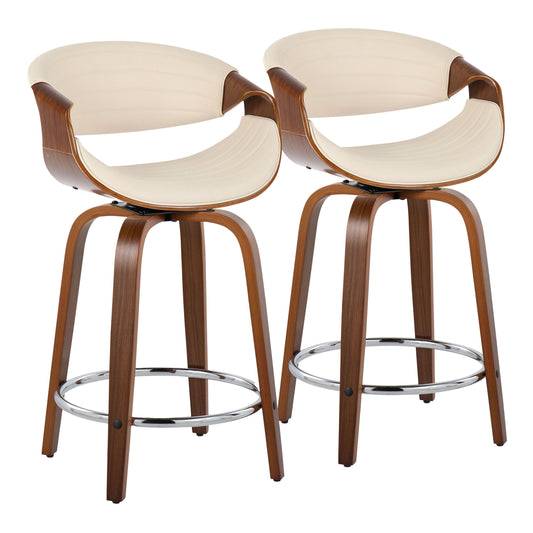 Symphony - Mid-Century Modern Fixed Height Counter Stool With Swivel And Round Footrest (Set of 2) - Walnut / Cream