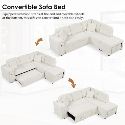 Sectional Sofa L-Shaped Sofa Couch Pull-Out Sofa Bed With A Movable Ottoman, Two USB Ports And Two Cup Holders For Living Room