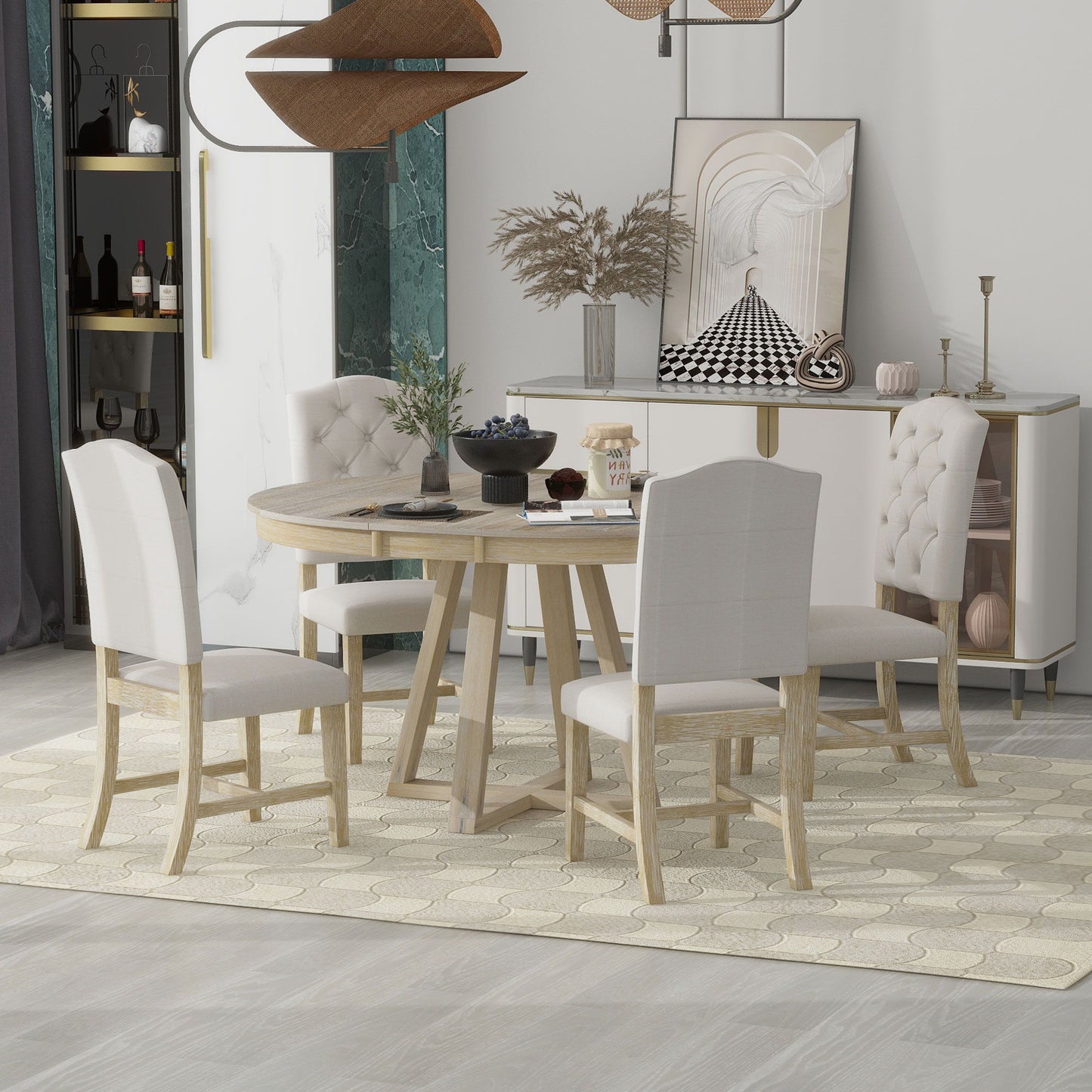 Retro Functional Dining Set, Round Table With Leaf And Upholstered Chairs For Dining Room And Living Room