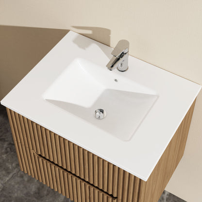 24" Wall Mount Bathroom Vanity Cabinet With - White Basin Sink Combo Floating - Walnut