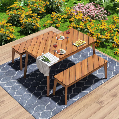 3 Pieces Acacia Wood Table Bench Dining Set For Outdoor & Indoor Furniture With 2 Benches, Picnic Beer Table For Patio, Porch, Garden, Poolside - Natural