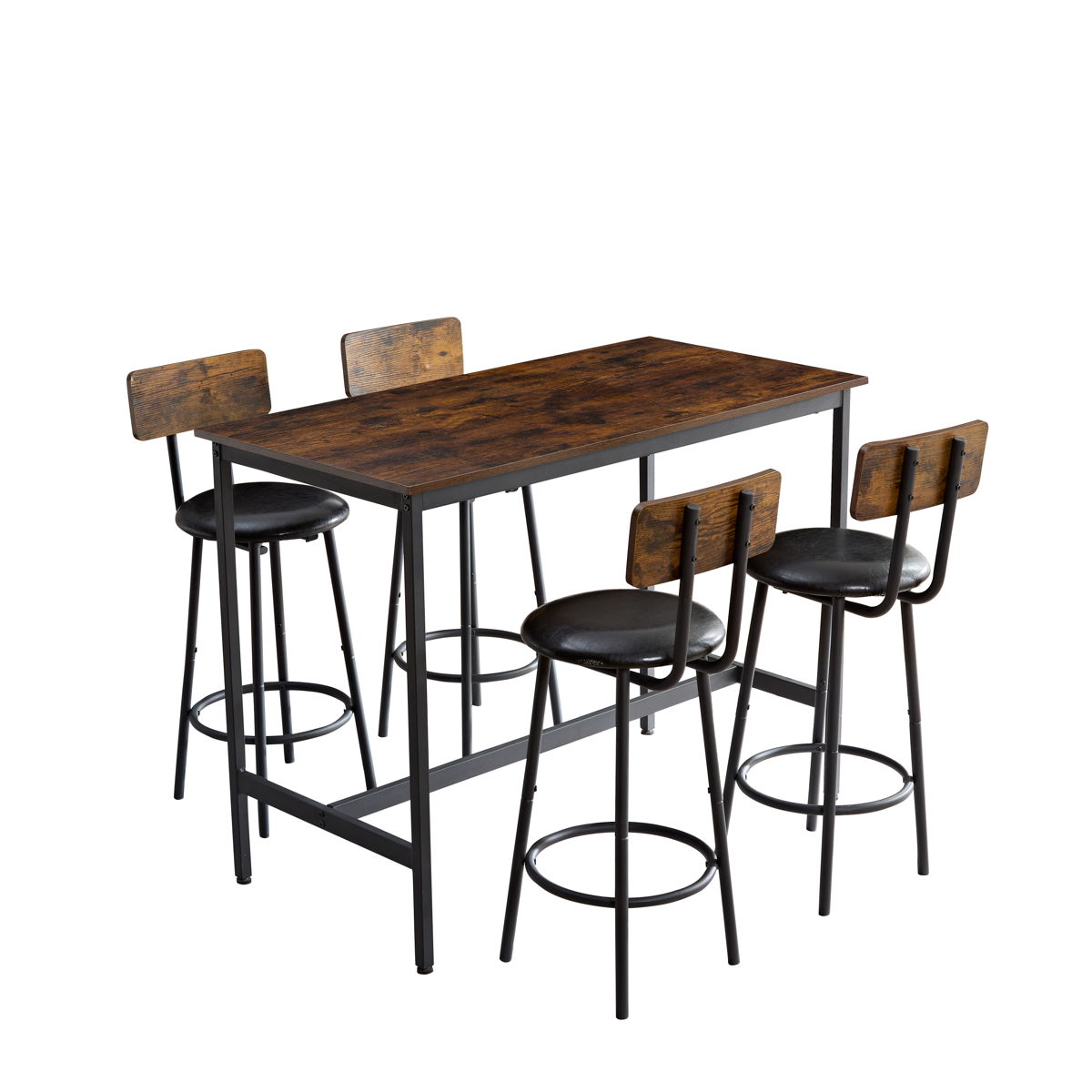 Bar Industrial Style Five-Piece Set, Four Soft Bags With Backrest Bar Chairs, Industrial Style Iron Wood Table Set, Suitable For Kitchen - Antique Brown / Black