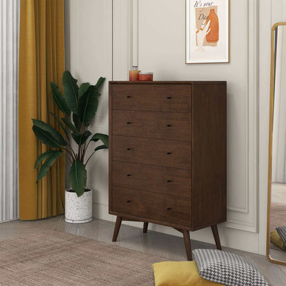 Caroline - Mid-Century Modern Dresser 5 Drawer - Dark Brown