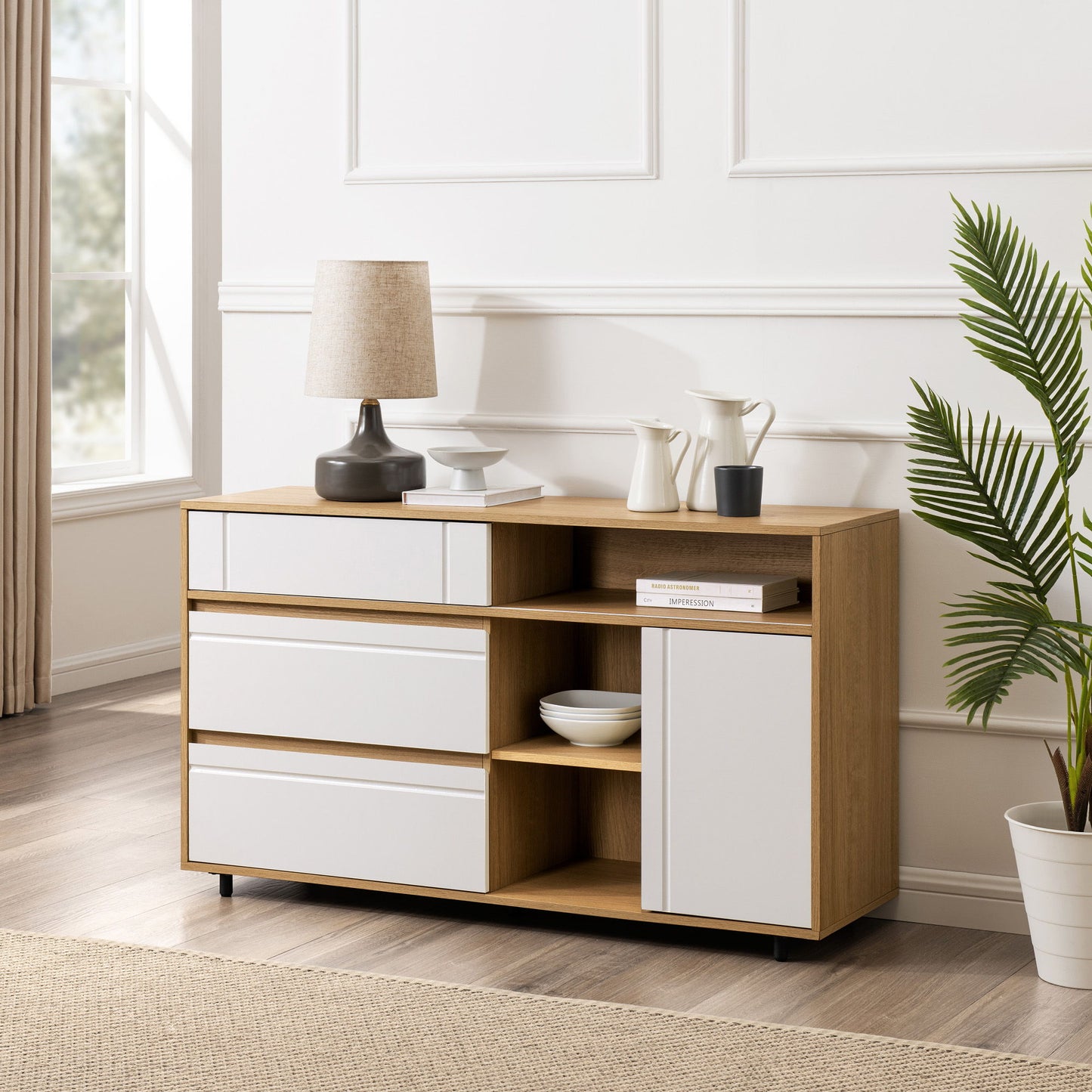 Contemporary Detailed Door Sideboard With Open Storage