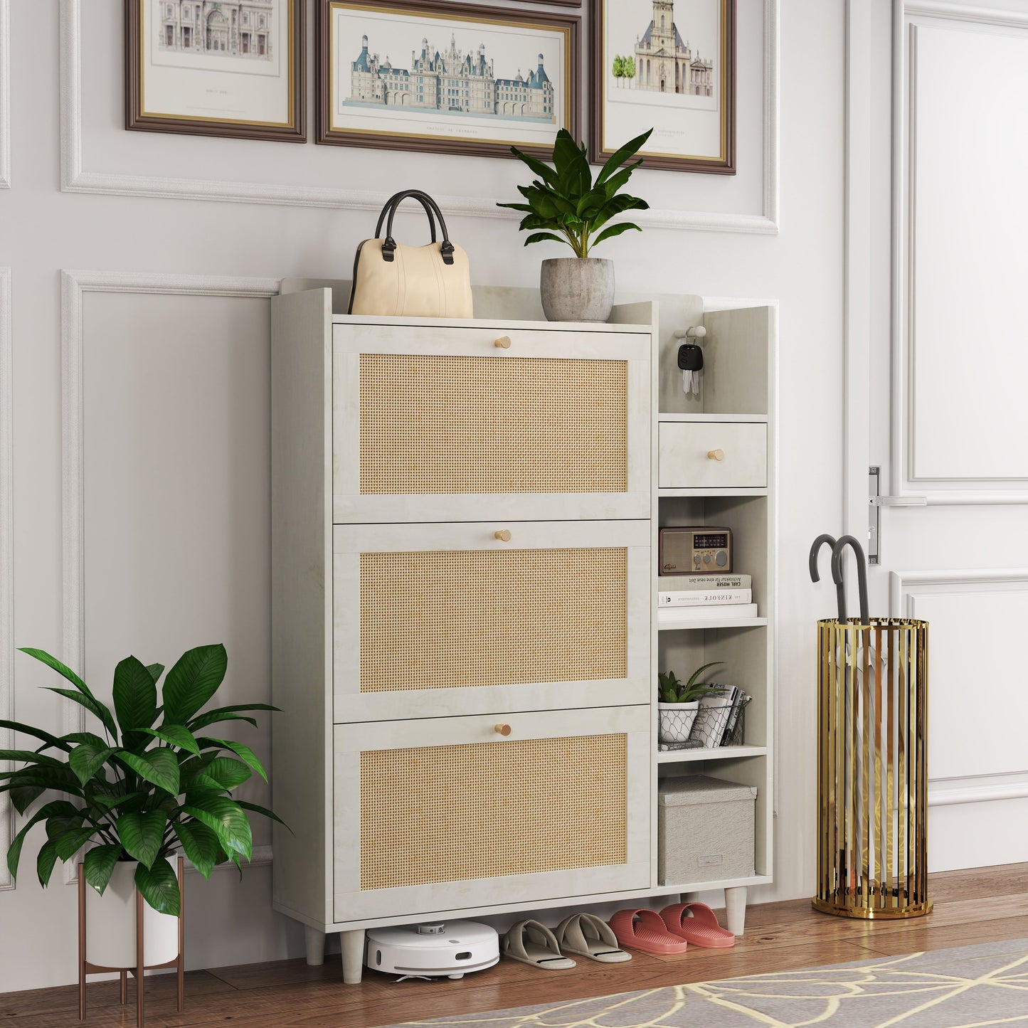 Natural Bohemia Style Shoe Cabinet, Shoe Rack Cabinet With 3 Rattan Flip Drawers, 3 Square Shelves And 1 Storage Drawer, Shoe Organizer With Mulit Storage Space And Hooks For Hallway, Entryway