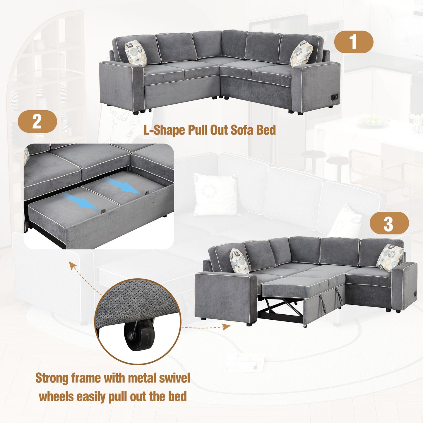 L-Shaped Pull Out Sofa Bed Modern Convertible Sleeper Sofa With 2 USB Ports, 2 Power Sockets And 3 Pillows For Living Room