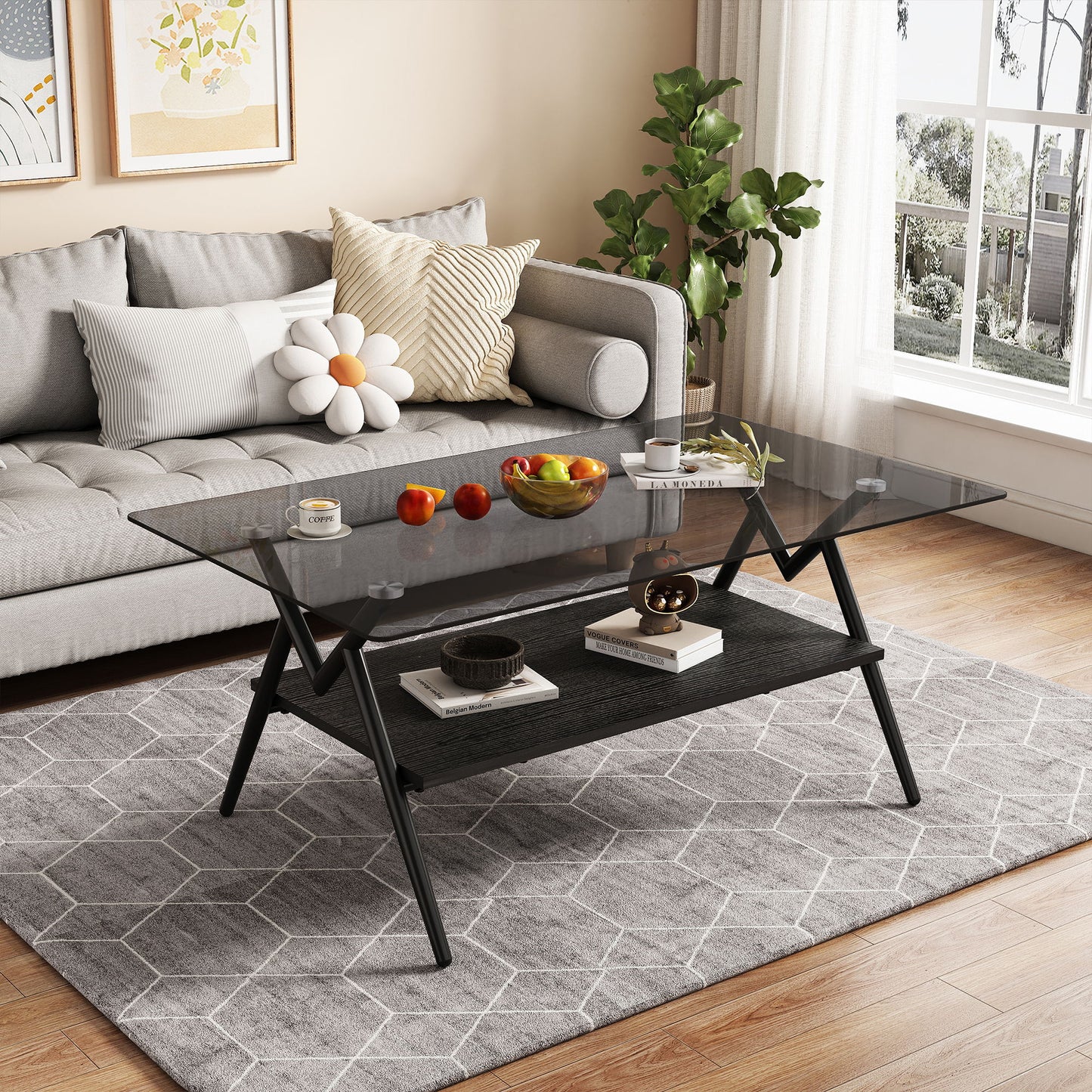 Rectangle Coffee Table With Tempered Glass Top And MDF Shelf, Modern Table For Living Room