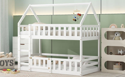 Twin Over Twin House Bunk Bed With Fence And Door