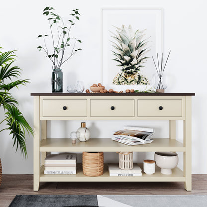 Retro Design Console Table With Two Open Shelves, Pine Frame And Legs For Living Room