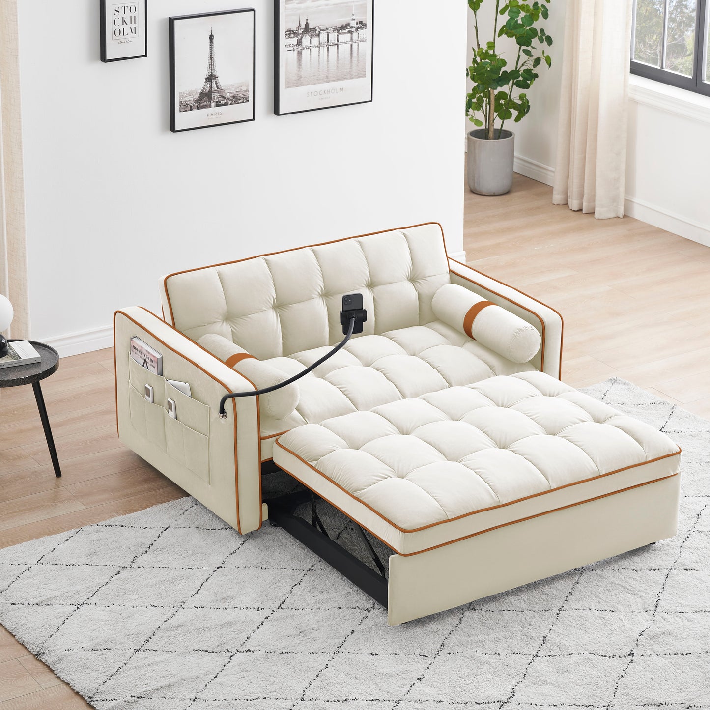 Modern Convertible Sleeper Sofa Couch With Pull Out Bed With Pillows & Side Pockets For Small Space, Living Room