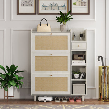 Natural Bohemia Style Shoe Cabinet, Shoe Rack Cabinet With 3 Rattan Flip Drawers, 3 Square Shelves And 1 Storage Drawer, Shoe Organizer With Mulit Storage Space And Hooks For Hallway, Entryway