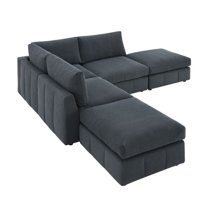 Modern Sectional Sofa With Vertical Stripes, 5 Seat Armless Couch Set With Convertible Ottomans, Various Combinations, L-Shape Indoor Furniture For Living Room