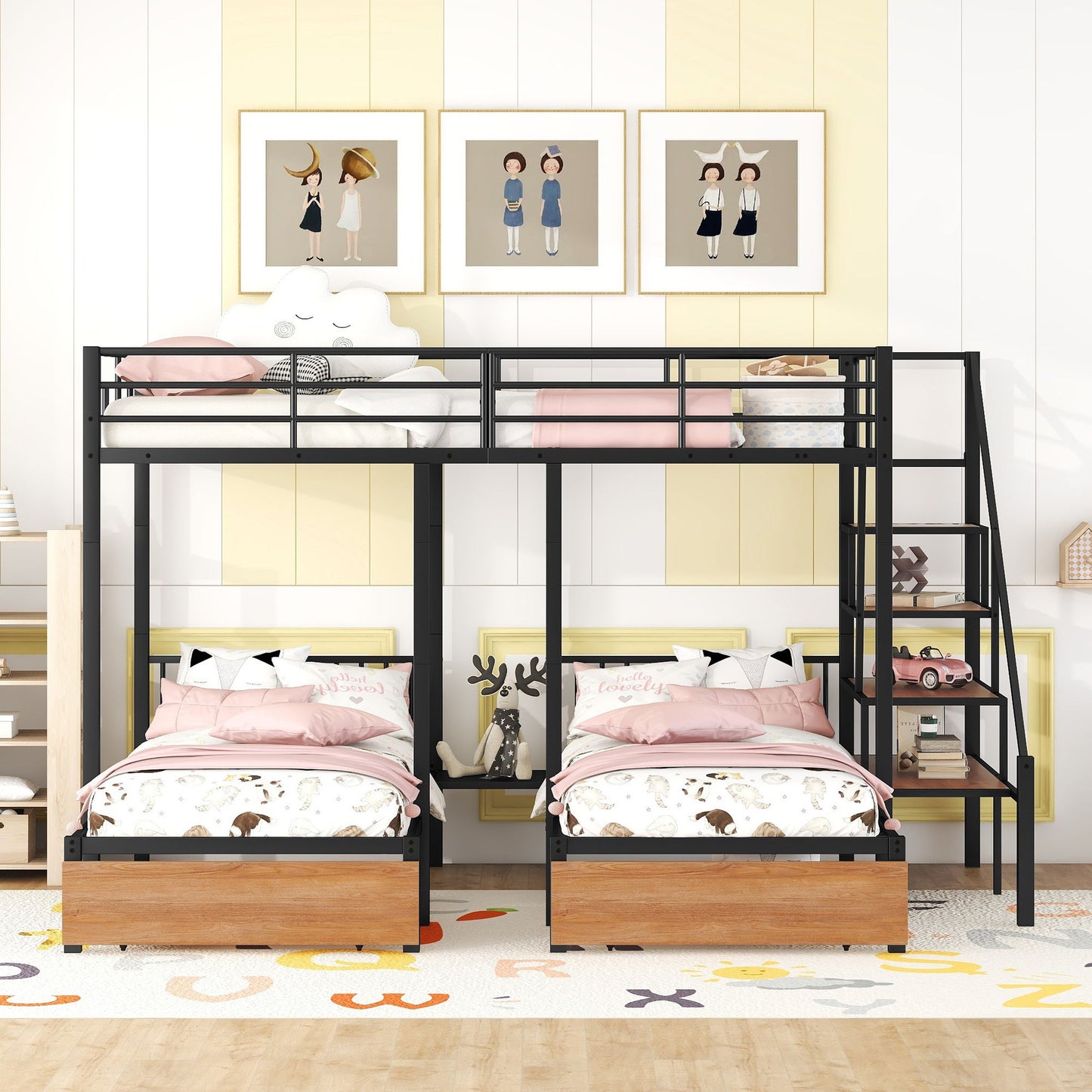 Full Over Twin-Twin Triple Bunk Bed With Drawers And Staircase - Black