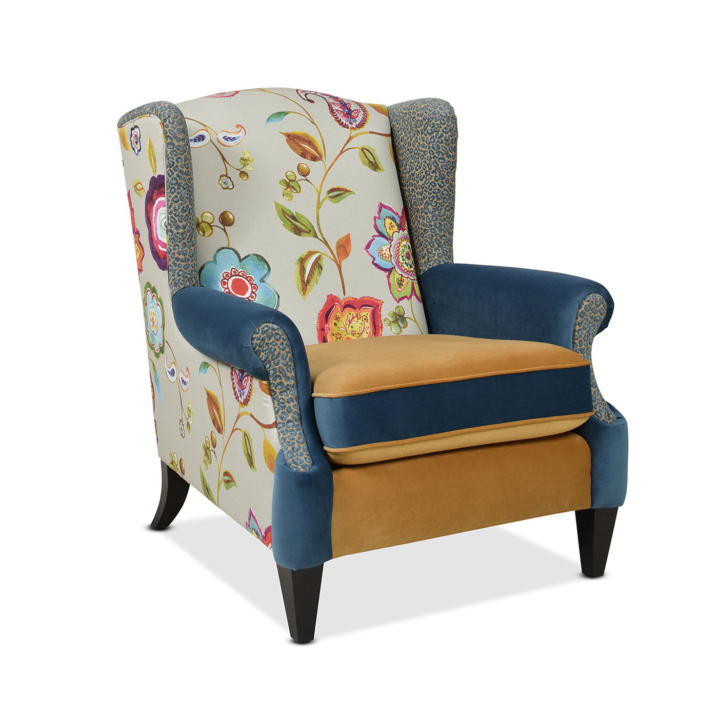 Anya - Boho Chic Wingback Accent Arm Chair - Floral / Leopard / Blue Teal / Yellow Gold