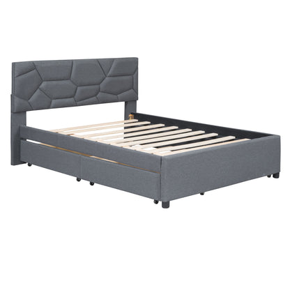 Full Size Upholstered Platform Bed With Brick Pattern Headboard, With Twin Size Trundle And 2 Drawers, Linen