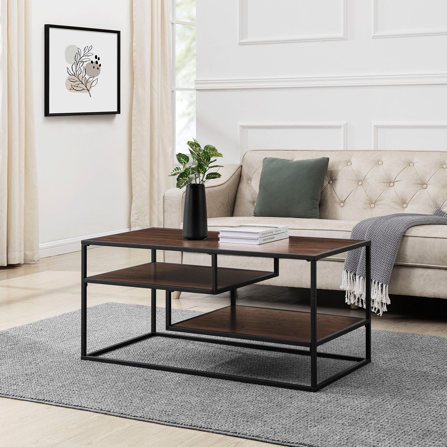 Contemporary Two Tone Metal Coffee Table - Dark Walnut