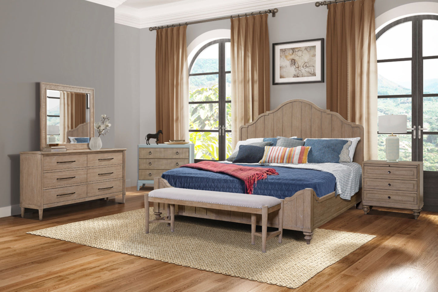 Panel Bedroom Set With 3 Drawer Nightstand, Casual Dresser, Cane Mirror, 3 Drawer Cane Front Chest And Bench