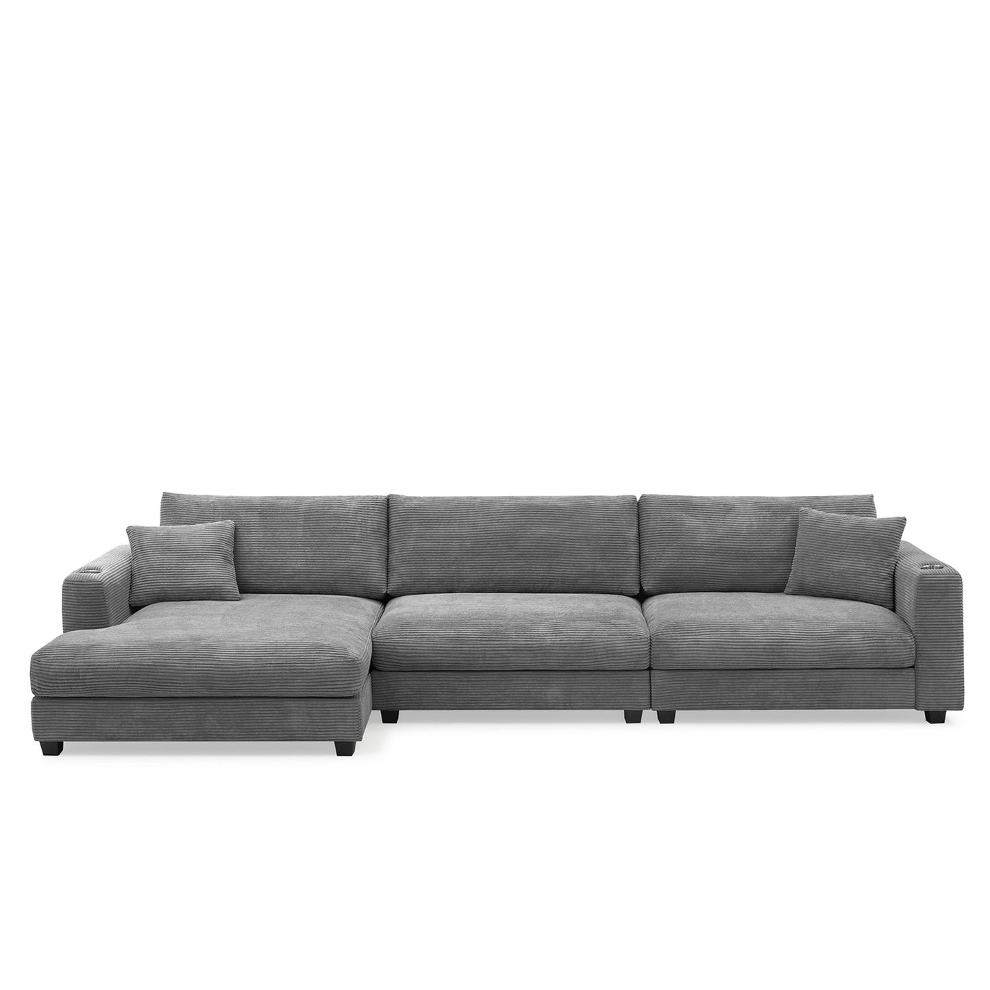 Oversized Corduroy Sectional Sofa, L Shaped Cloud Couch With USB Charging Port, Cup Holder, Deep Seat Sofa Bed With 50" Chaise, Comfy Indoor Furniture For Living Room