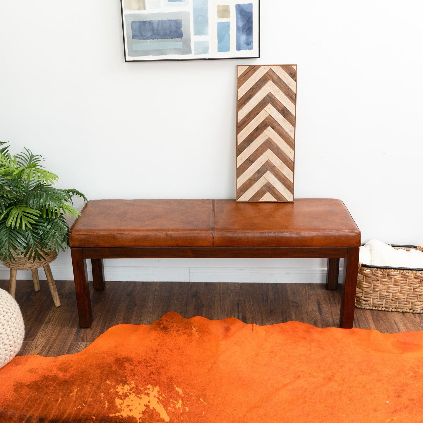 Austin - Antique Leather Bench With Lines - Antique Brown / Brown / Rustic / Tan