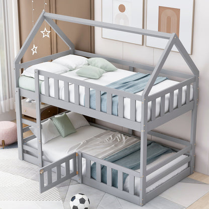 Twin Over Twin House Bunk Bed With Fence And Door