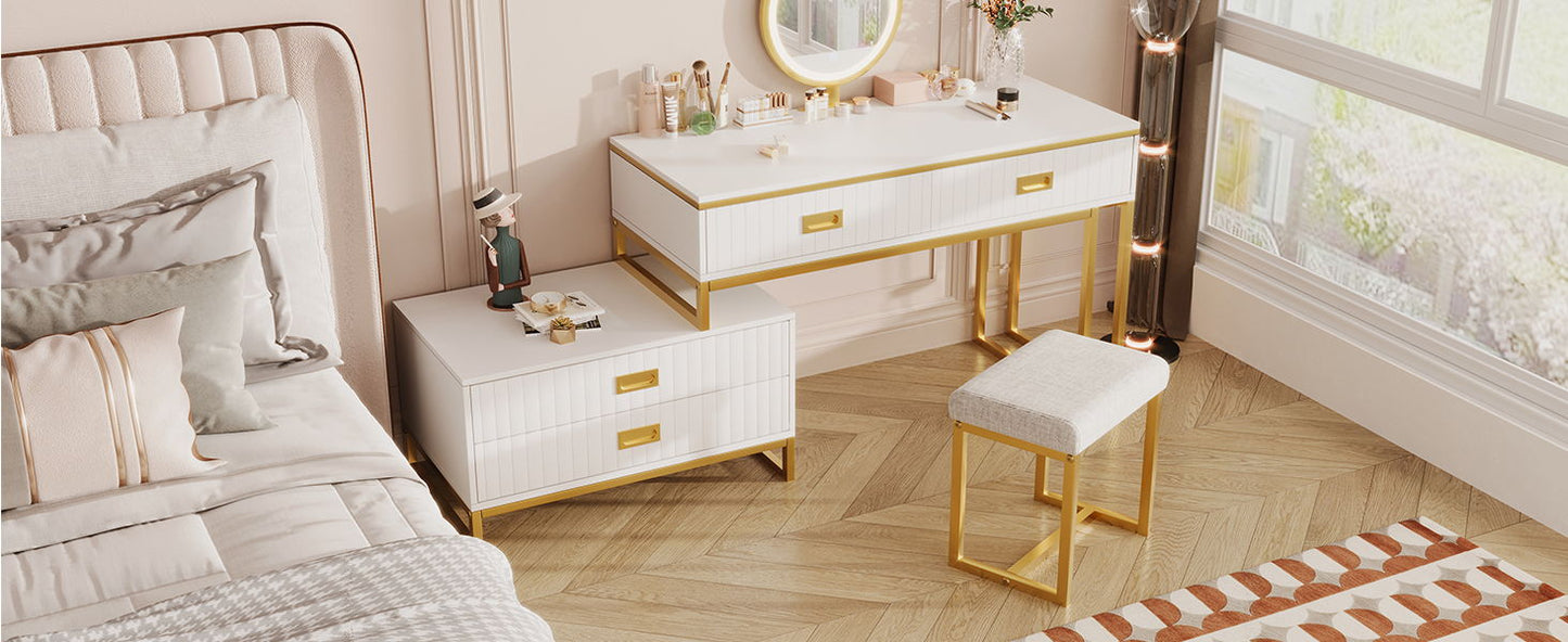 Modern Style Vanity Table With Movable Side Cabinet And 4 Drawers, Large Size Dressing Table With Mirror And 3 Colors Led Light, Makeup Table With Stool - White / Golden