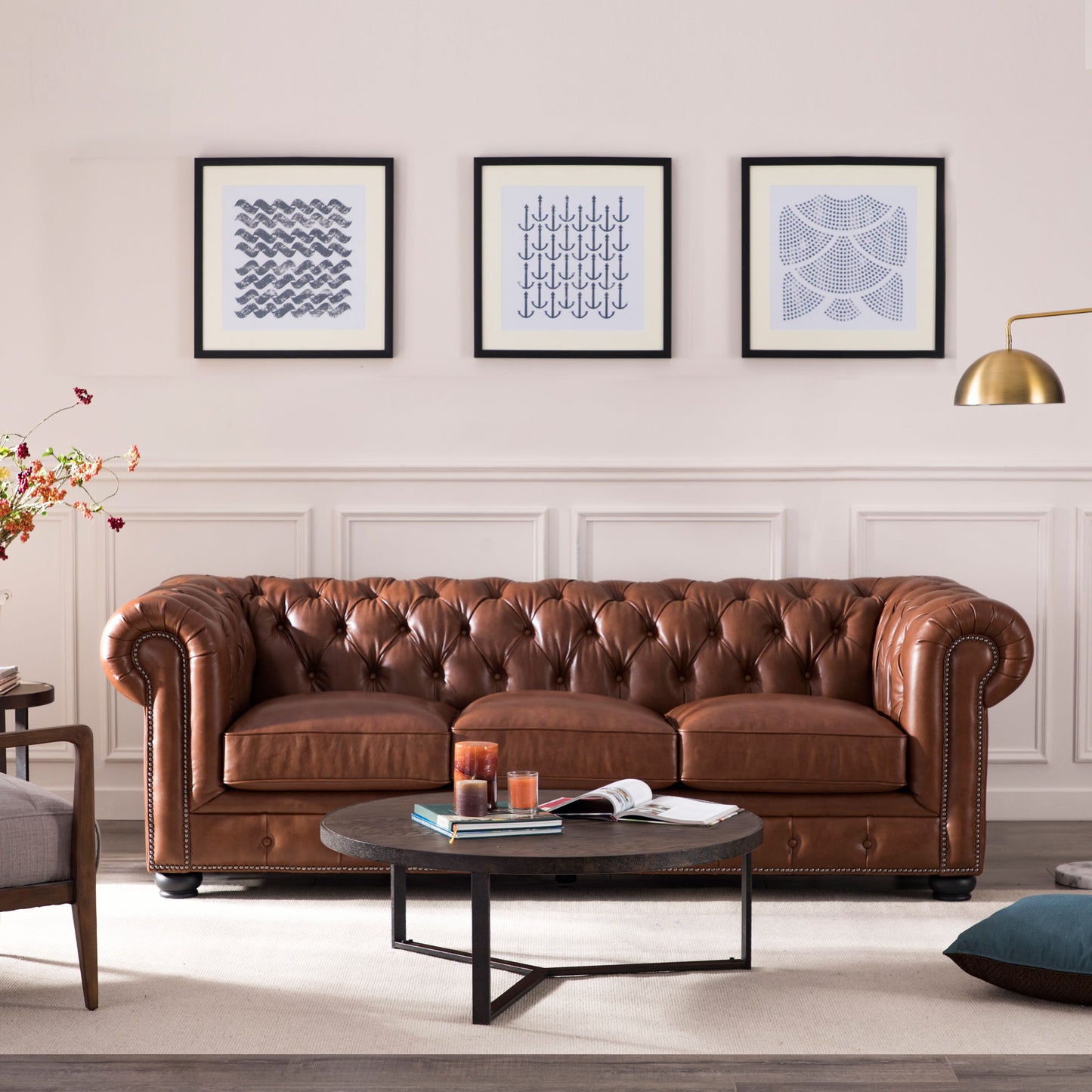 Traditional Tufted Leather Chesterfield Nailhead Sofa