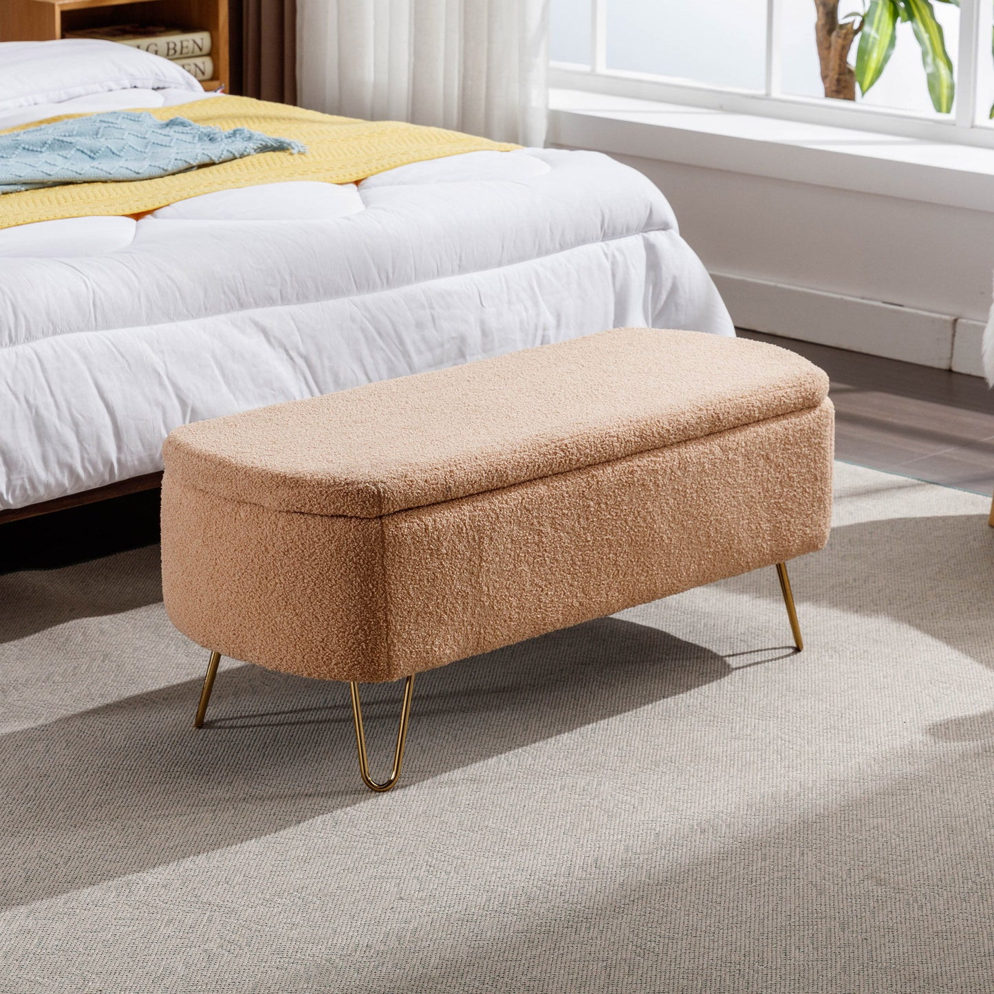 Storage Ottoman Bench For End Of Bed Gold Legs, Modern Camel Faux Fur Entryway Bench Upholstered Padded With Storage For Living Room Bedroom