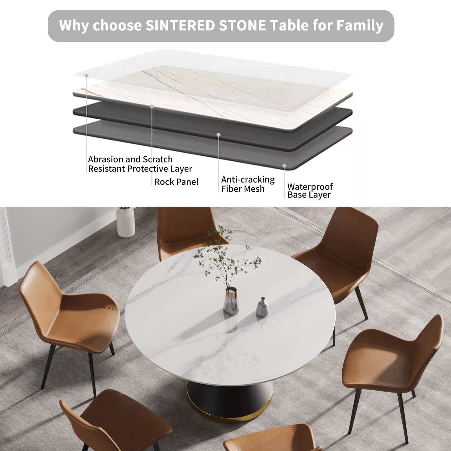 Modern Artificial Stone Round Carbon Steel Base Dining Table, Can Accommodate 6 People