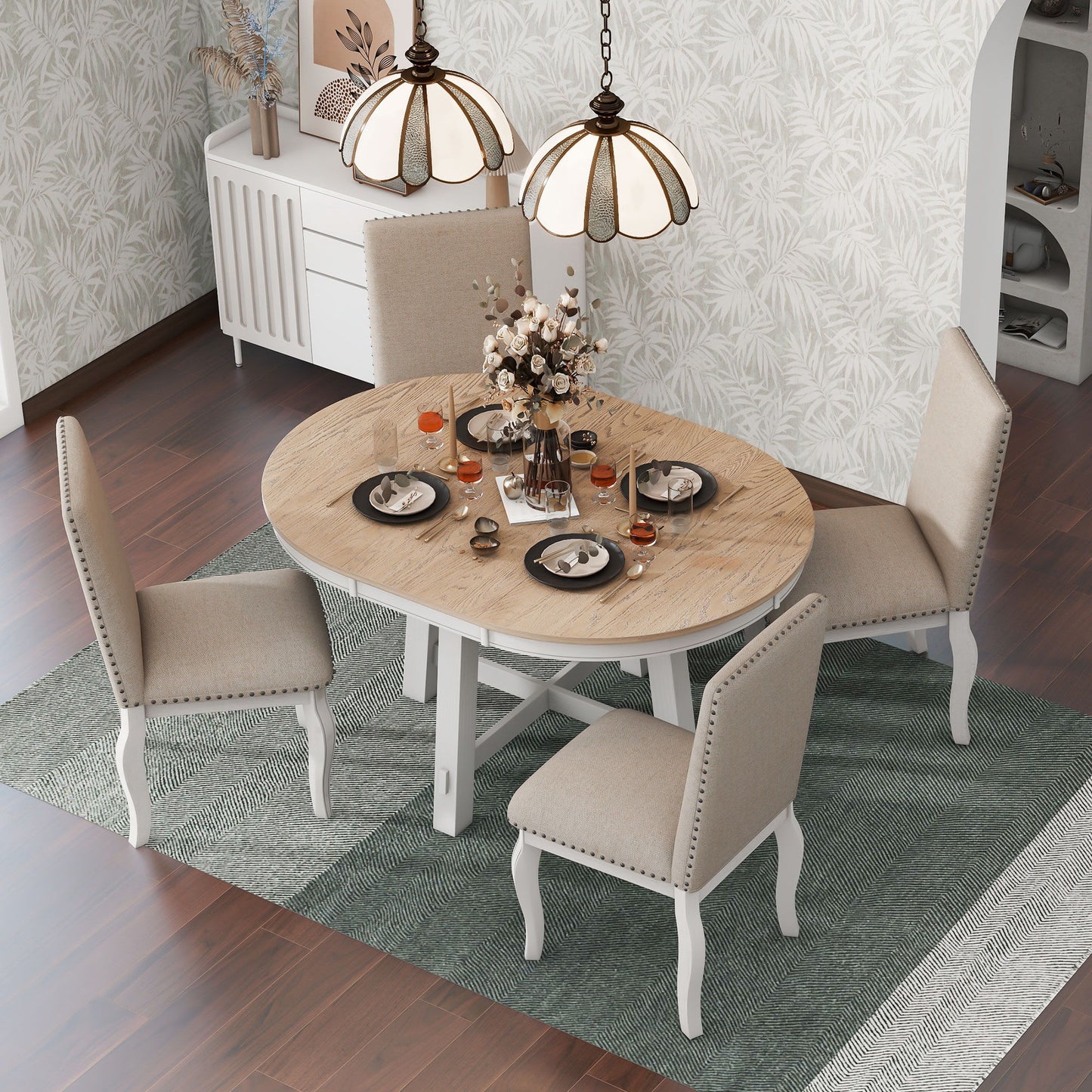 Farmhouse Dining Table Set Wood Round Extendable Dining Table And Upholstered Dining Chairs