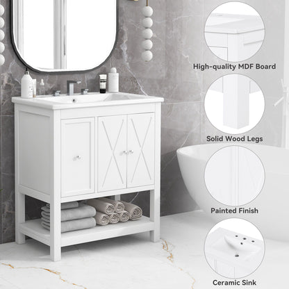 Bathroom Vanity With Sink Top, Bathroom Vanity Cabinet With Two Doors And One Drawer, MDF Boards, Solid Wood, One Package - White